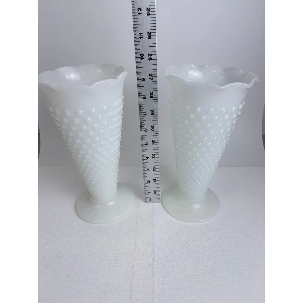 Vintage Fenton White Milk Glass Hobnail Trumpet Vases Ruffled Rim Pedestal Pair